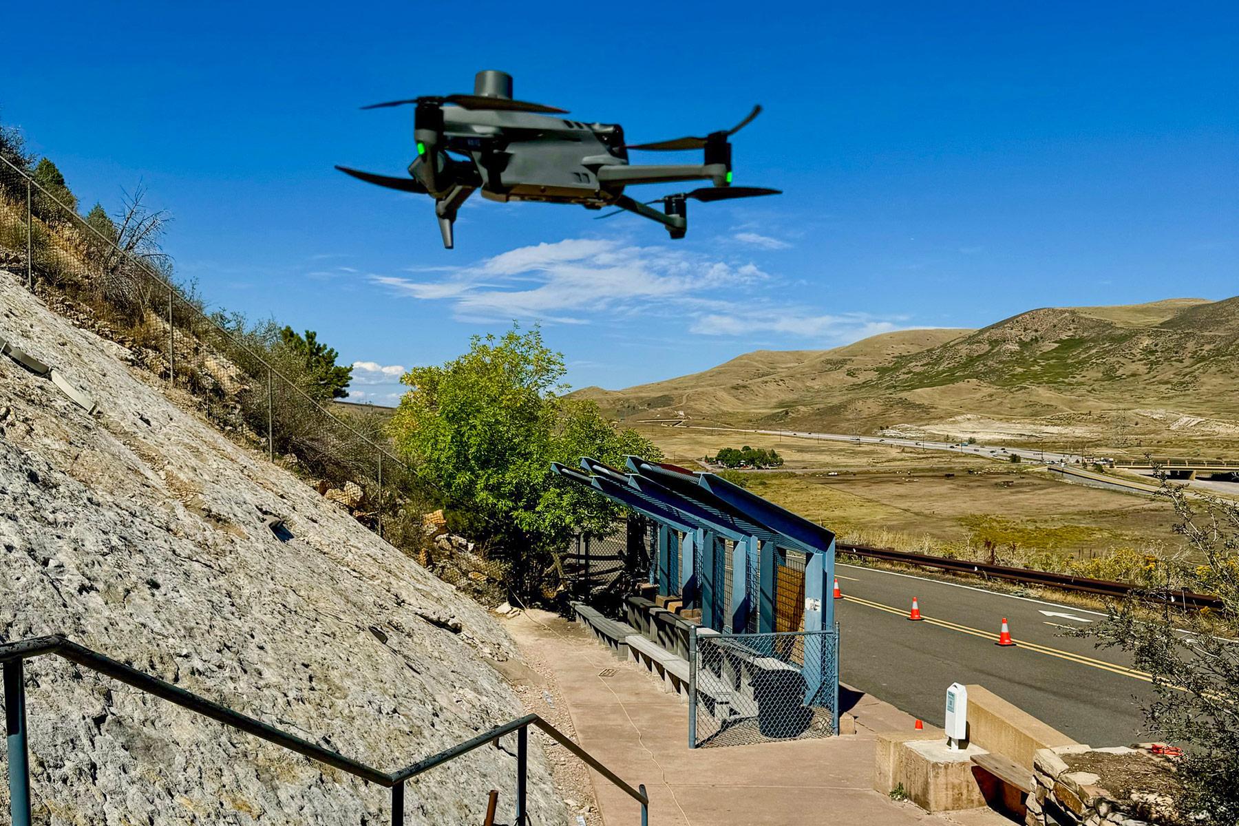 Image capture session using a manually flown commercial survey drone at the Cretaceous Dinosaur Ridge Main Tracksite, Morrison, Colorado. 